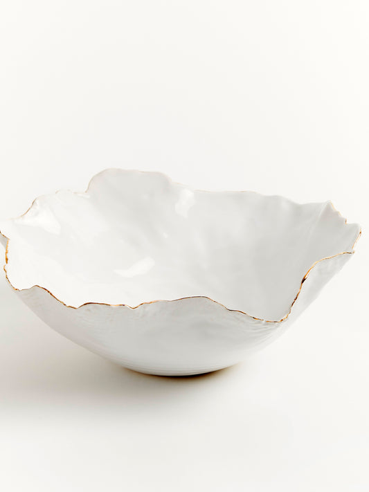 Large Organic White Bowl with Gold Edge