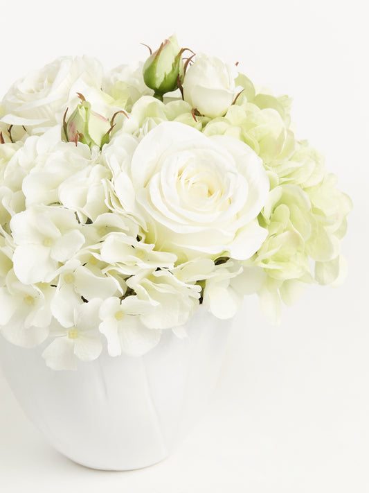 Gold Trim Vase with Hydrangeas and Roses 